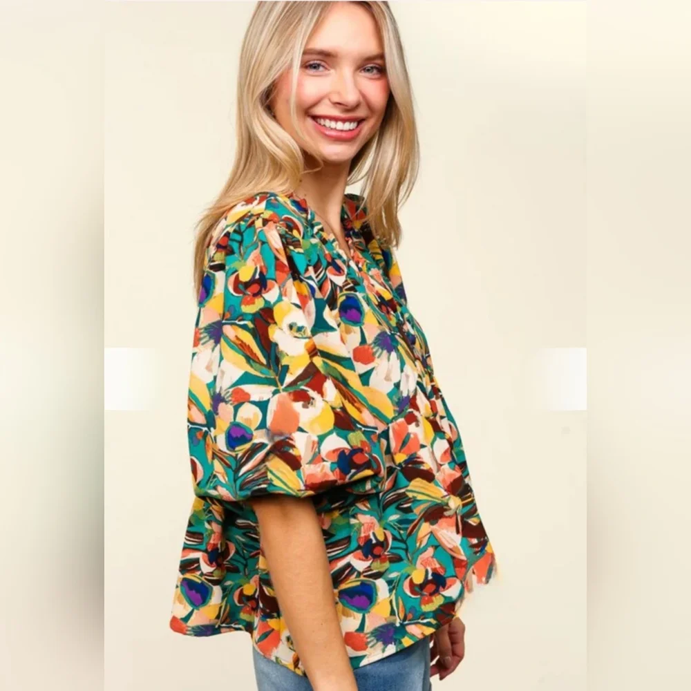 Floral Multicolor Puff Sleeve Blouse - Picture 2 of 2